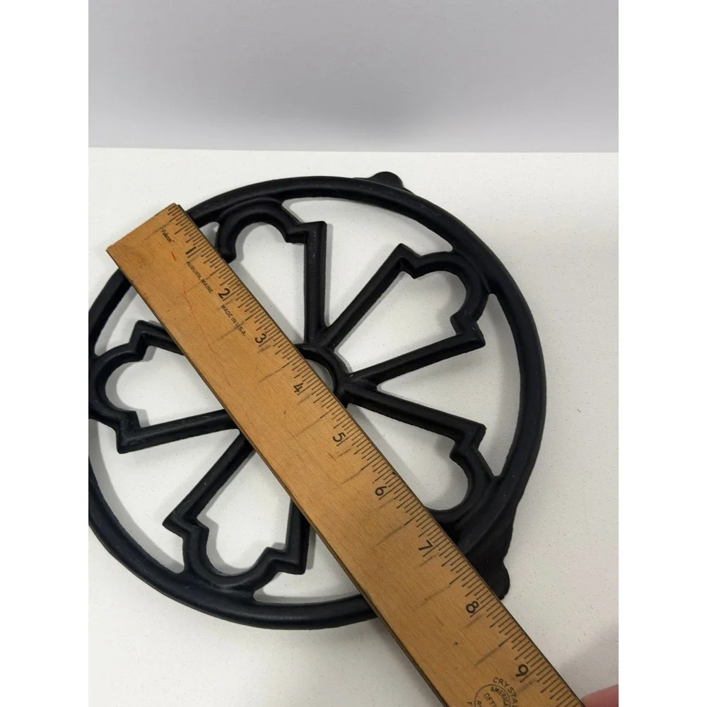 Decotec France Cast Iron Trivet Black Round Openwork Floral Pot Stand 8 inch